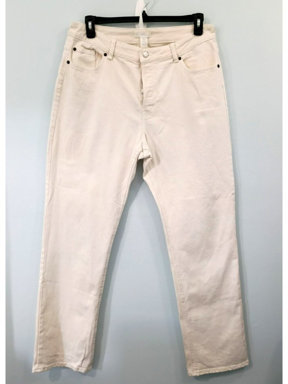 H&M High Waist Button Fly Straight Leg Denim Jeans Cream Cotton Blend - 14